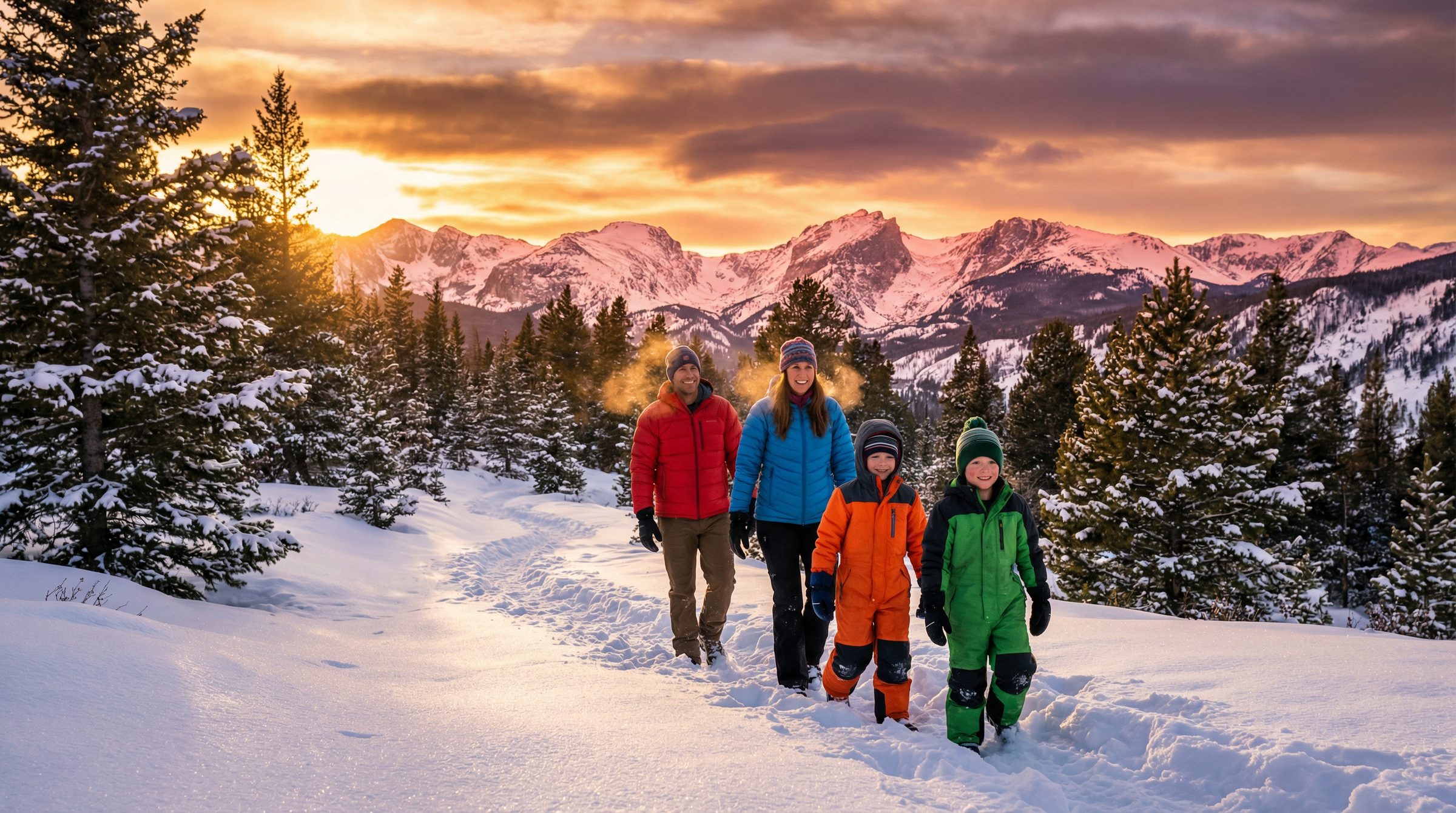 Family hiking in the snow in the Colorado Rocky Mountains at sunset near Vail Valley, served by InVision Communications